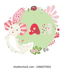 Cute Kawaii axolotl, baby amphibian drawing. Cute frame background, with elements of flora, leaves, flowers, pebbles. Lettering Psst. Flat style design. Ambystoma mexicanum