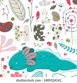 Cute Kawaii axolotl, baby amphibian drawing. Cute animal drawing, funny cartoon illustration. lettering hey. Flat style design. Ambystoma mexicanum