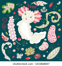 Cute Kawaii axolotl, baby amphibian drawing. summer animal drawing, funny cartoon illustration. Flat style design. Ambystoma mexicanum