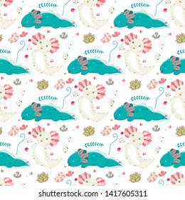 Cute Kawaii axolotl, baby amphibian drawing. Cute animal drawing, funny cartoon illustration. Floral seamless pattern with elements of flora, leaves, twigs, berries, stones