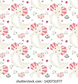 Cute Kawaii axolotl, baby amphibian drawing. Cute animal drawing, funny cartoon illustration. Floral seamless pattern with elements of flora, leaves, twigs, berries, stones