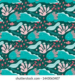 Cute Kawaii axolotl, baby amphibian drawing. Cute animal drawing, funny cartoon illustration. Floral seamless pattern with elements of flora, leaves, twigs, berries, stones