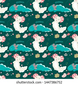 Cute Kawaii axolotl, baby amphibian drawing. Cute animal drawing, funny cartoon illustration. Floral seamless pattern with elements of flora, leaves, twigs, berries, stones