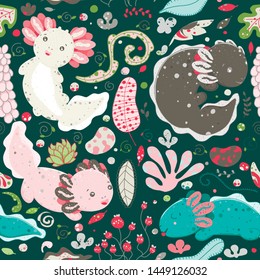 Cute Kawaii axolotl, baby amphibian drawing. Cute animal drawing, funny cartoon illustration. Floral seamless pattern with elements of flora, leaves, twigs, berries, stones