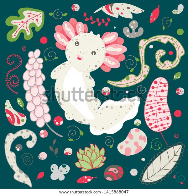 Cute Kawaii Axolotl Baby Amphibian Drawing Stock Vector Royalty Free