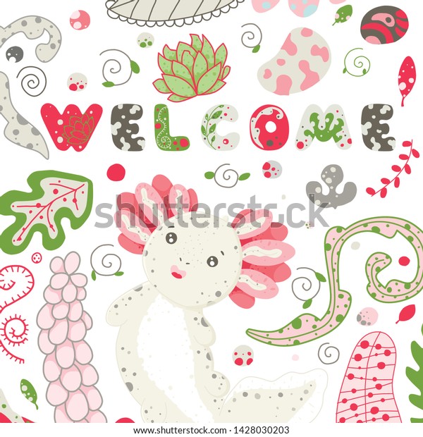 Cute Kawaii Axolotl Baby Amphibian Drawing Stock Vector Royalty Free