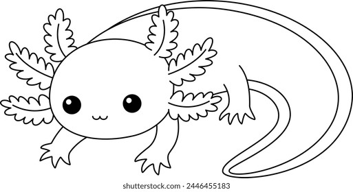 Cute kawaii axolotl cartoon character coloring page, vector printable worksheets for preschool. 