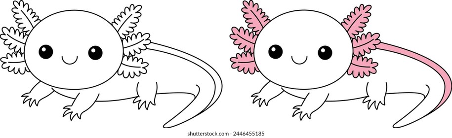 Cute kawaii axolotl cartoon character coloring page, vector printable worksheets for preschool. 