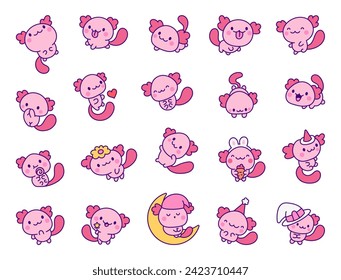 Cute kawaii axolotl. Cartoon funny animals characters. Hand drawn style. Vector drawing. Collection of design elements.