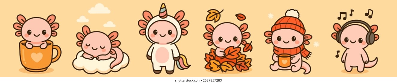 Cute kawaii axolotl characters in seasonal outfits: in cup, on cloud, unicorn costume, with leaves, winter clothes, and headphones. Perfect for kids and seasonal projects