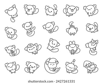 Cute kawaii axolotl. Coloring Page. Cartoon funny animals characters. Hand drawn style. Vector drawing. Collection of design elements.