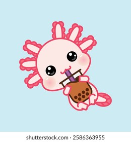 Cute Kawaii Axolotl Drinking Bubble Tea. Adorable Cartoon Amphibian Vector Illustration.