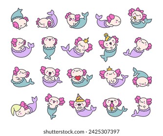 Cute kawaii axolotl mermaid. Cartoon fantasy animal characters. Hand drawn style. Vector drawing. Collection of design elements.