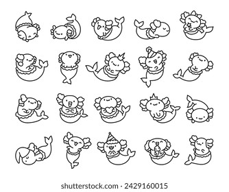 Cute kawaii axolotl mermaid. Coloring Page. Cartoon fantasy animal characters. Hand drawn style. Vector drawing. Collection of design elements.