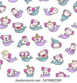 Cute kawaii axolotl mermaid. Seamless pattern. Cartoon fantasy animal characters. Hand drawn style. Vector drawing. Design ornaments.