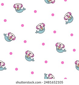 Cute kawaii axolotl mermaid. Seamless pattern. Cartoon fantasy animal characters. Hand drawn style. Vector drawing. Design ornaments.