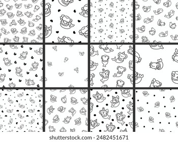 Cute kawaii axolotl mermaid. Seamless pattern. Coloring Page. Cartoon fantasy animal characters. Hand drawn style. Vector drawing. Collection of design ornaments.