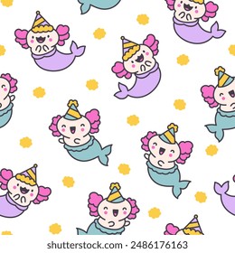 Cute kawaii axolotl mermaid. Seamless pattern. Cartoon fantasy animal characters. Hand drawn style. Vector drawing. Design ornaments.