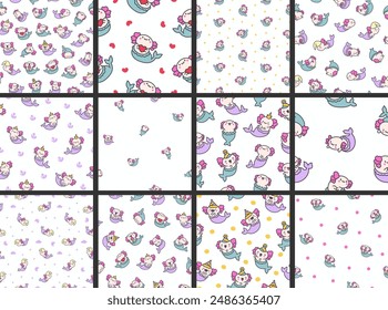 Cute kawaii axolotl mermaid. Seamless pattern. Cartoon fantasy animal characters. Hand drawn style. Vector drawing. Collection of design ornaments.