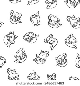 Cute kawaii axolotl mermaid. Seamless pattern. Coloring Page. Cartoon fantasy animal characters. Hand drawn style. Vector drawing. Design ornaments.