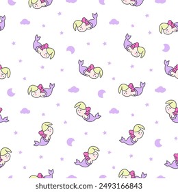 Cute kawaii axolotl mermaid. Seamless pattern. Cartoon fantasy animal characters. Hand drawn style. Vector drawing. Design ornaments.