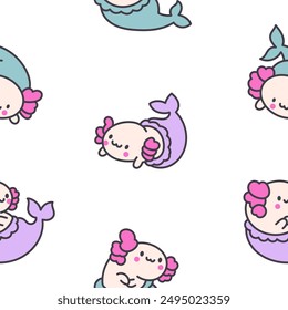 Cute kawaii axolotl mermaid. Seamless pattern. Cartoon fantasy animal characters. Hand drawn style. Vector drawing. Design ornaments.