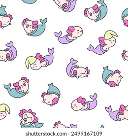 Cute kawaii axolotl mermaid. Seamless pattern. Cartoon fantasy animal characters. Hand drawn style. Vector drawing. Design ornaments.