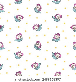 Cute kawaii axolotl mermaid. Seamless pattern. Cartoon fantasy animal characters. Hand drawn style. Vector drawing. Design ornaments.