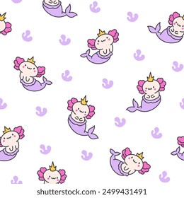 Cute kawaii axolotl mermaid. Seamless pattern. Cartoon fantasy animal characters. Hand drawn style. Vector drawing. Design ornaments.