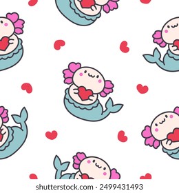 Cute kawaii axolotl mermaid. Seamless pattern. Cartoon fantasy animal characters. Hand drawn style. Vector drawing. Design ornaments.