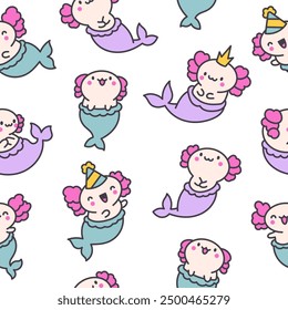 Cute kawaii axolotl mermaid. Seamless pattern. Cartoon fantasy animal characters. Hand drawn style. Vector drawing. Design ornaments.