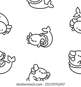 Cute kawaii axolotl mermaid. Seamless pattern. Coloring Page. Cartoon fantasy animal characters. Hand drawn style. Vector drawing. Design ornaments.