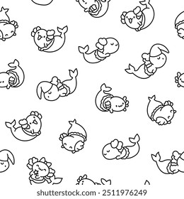 Cute kawaii axolotl mermaid. Seamless pattern. Coloring Page. Cartoon fantasy animal characters. Hand drawn style. Vector drawing. Design ornaments.