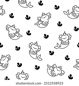 Cute kawaii axolotl mermaid. Seamless pattern. Coloring Page. Cartoon fantasy animal characters. Hand drawn style. Vector drawing. Design ornaments.