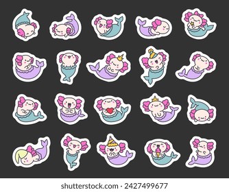 Cute kawaii axolotl mermaid. Sticker Bookmark. Cartoon fantasy animal characters. Hand drawn style. Vector drawing. Collection of design elements.