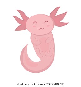 Cute kawaii axolotl salamander amphibian vector illustration isolated on white. Sweet animal character in simple hand drawn style.
