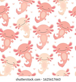 cute kawaii axolotl seamless pattern, baby amphibian background. baby animal drawn, cartoon illustration vector with heart for valentine