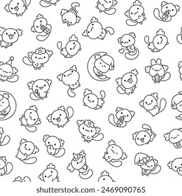 Cute kawaii axolotl. Seamless pattern. Coloring Page. Cartoon funny animals characters. Hand drawn style. Vector drawing. Design ornaments.