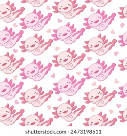 cute kawaii axolotl seamless pattern, baby amphibian background. baby animal drawn, cartoon illustration vector with heart for valentine.Marine life illustration pattern