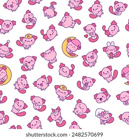 Cute kawaii axolotl. Seamless pattern. Cartoon funny animals characters. Hand drawn style. Vector drawing. Design ornaments.