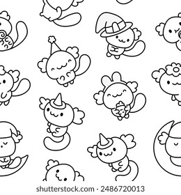 Cute kawaii axolotl. Seamless pattern. Coloring Page. Cartoon funny animals characters. Hand drawn style. Vector drawing. Design ornaments.