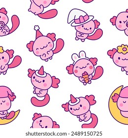 Cute kawaii axolotl. Seamless pattern. Cartoon funny animals characters. Hand drawn style. Vector drawing. Design ornaments.