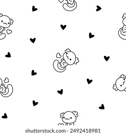 Cute kawaii axolotl. Seamless pattern. Coloring Page. Cartoon funny animals characters. Hand drawn style. Vector drawing. Design ornaments.