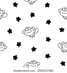 Cute kawaii axolotl. Seamless pattern. Coloring Page. Cartoon funny animals characters. Hand drawn style. Vector drawing. Design ornaments.