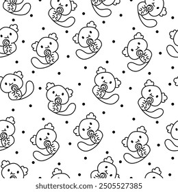 Cute kawaii axolotl. Seamless pattern. Coloring Page. Cartoon funny animals characters. Hand drawn style. Vector drawing. Design ornaments.