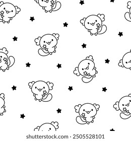 Cute kawaii axolotl. Seamless pattern. Coloring Page. Cartoon funny animals characters. Hand drawn style. Vector drawing. Design ornaments.