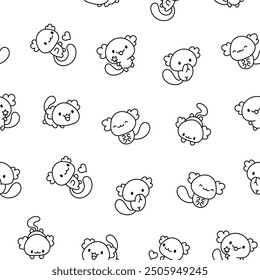 Cute kawaii axolotl. Seamless pattern. Coloring Page. Cartoon funny animals characters. Hand drawn style. Vector drawing. Design ornaments.