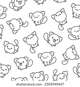 Cute kawaii axolotl. Seamless pattern. Coloring Page. Cartoon funny animals characters. Hand drawn style. Vector drawing. Design ornaments.