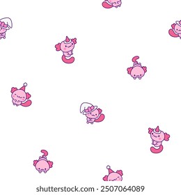 Cute kawaii axolotl. Seamless pattern. Cartoon funny animals characters. Hand drawn style. Vector drawing. Design ornaments.