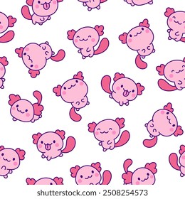 Cute kawaii axolotl. Seamless pattern. Cartoon funny animals characters. Hand drawn style. Vector drawing. Design ornaments.